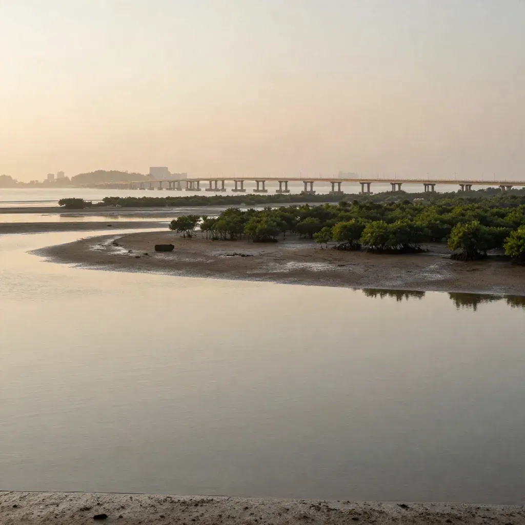 Pemandangan paya bakau Johor dengan jambatan panjang dan air tenang berselubung kabus pagi.