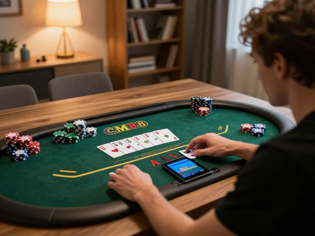 Player enjoying a CM88 online poker game on a tablet in a cozy home setting