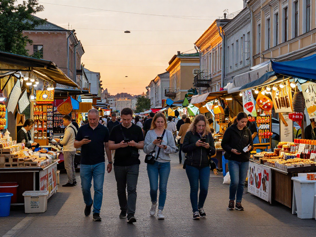 Pengalaman pelancong di Rusia menggunakan https://payinrussia.com/ untuk pembayaran di kedai dalam suasana bandar yang meriah.