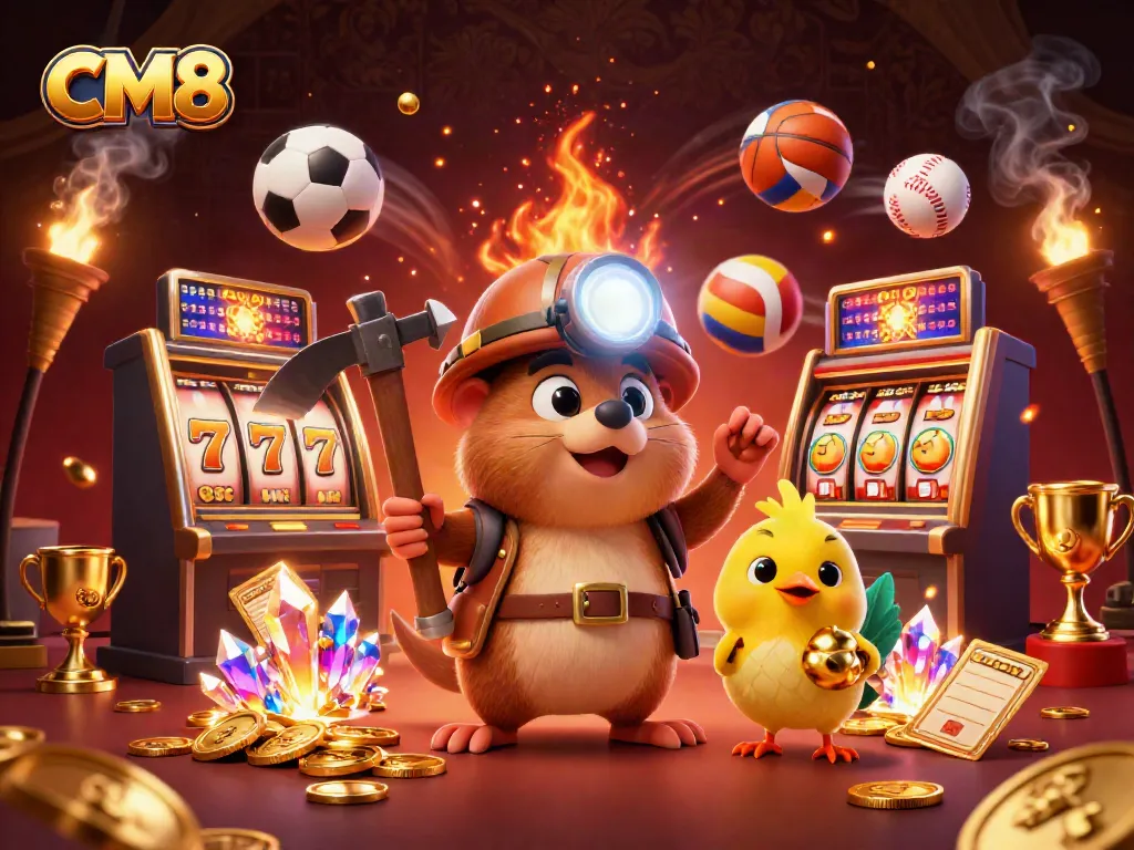 Unleash your luck playing CM8 slots with exciting elements like jackpots and colorful gold coins.