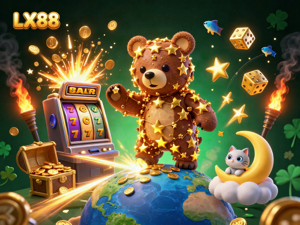 Experience the excitement of LX88 with a vibrant casino scene filled with golden opportunities and animated characters.