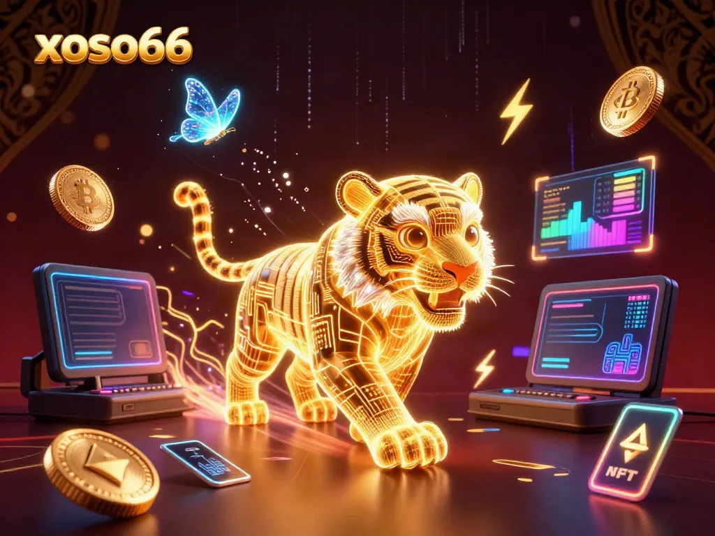 Engage with xoso66's vibrant digital casino featuring a golden tiger and holographic butterflies.