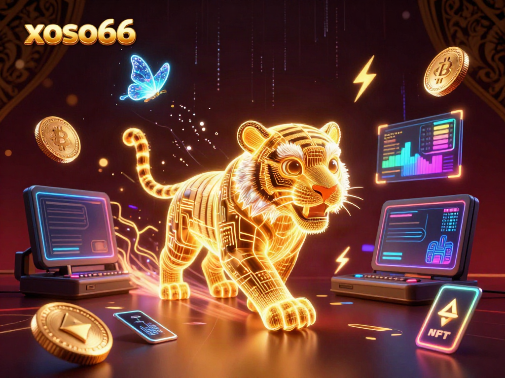 Engage with xoso66's vibrant digital casino featuring a golden tiger and holographic butterflies.