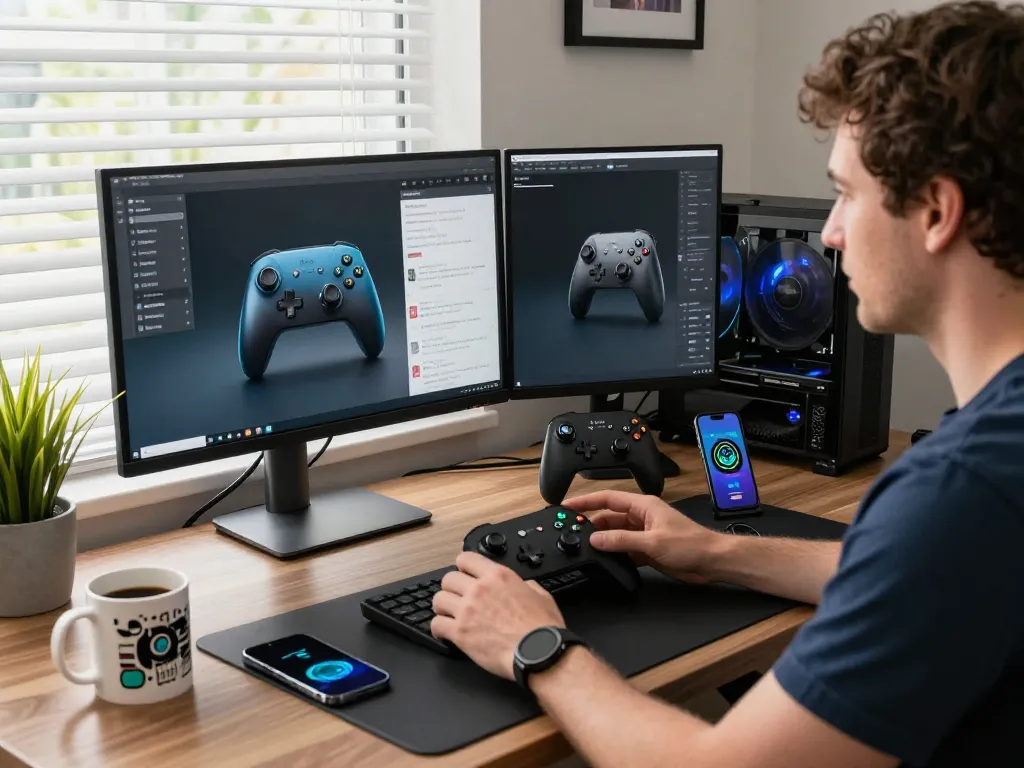 Explore the best tech gadgets for men in a modern workspace with innovative devices and a tech-savvy atmosphere.
