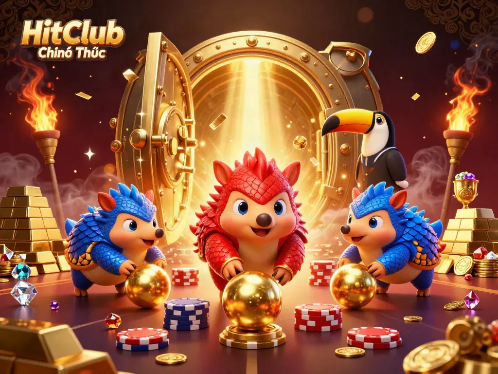 Experience the thrill of HitClub Chính Thức as pangolins bowl through poker chips in an extravagant casino scene.