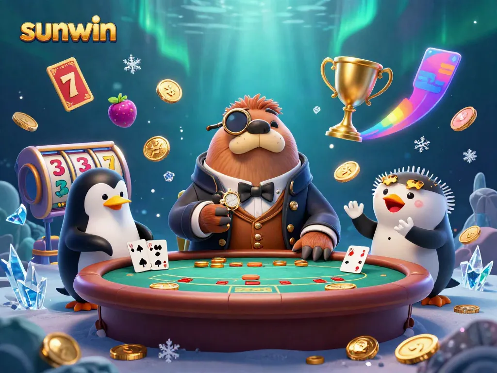 Experience excitement at sunwin with a cartoon walrus playing poker, surrounded by vibrant casino elements.