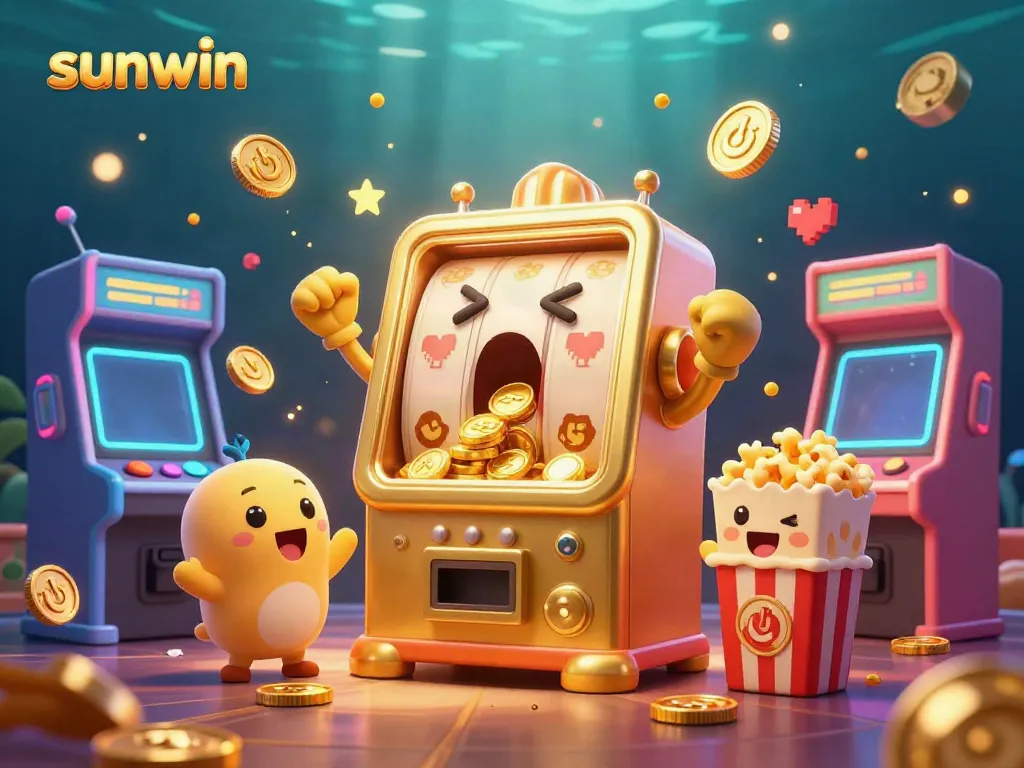 Sunwin slot machine celebrates hitting the jackpot among cheering baby slots, showcasing vibrant casino elements.