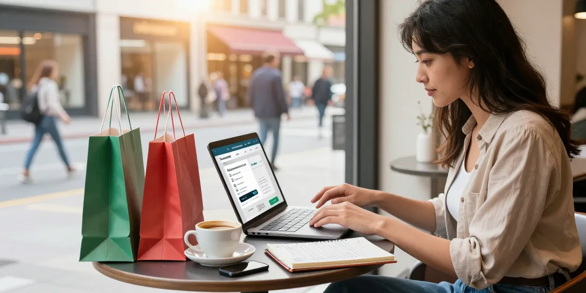 Explore https://www.sukan8a.com/ in a vibrant urban e-commerce shopping scene with stylish woman browsing products.
