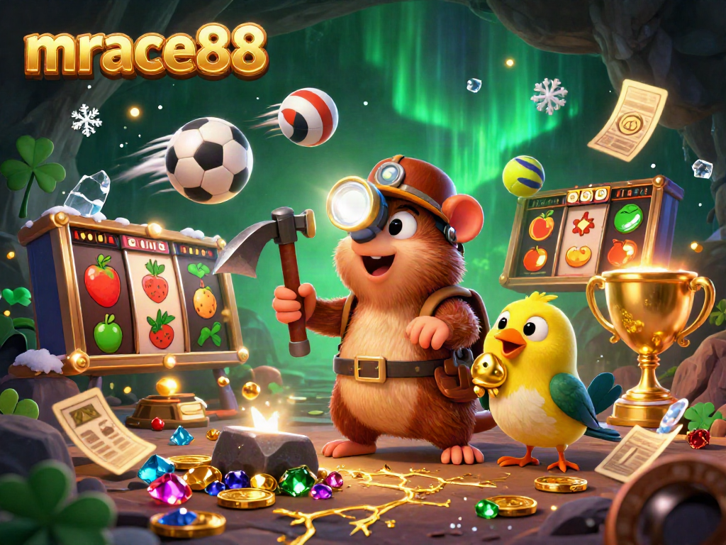 Spin to win at mrace88 with a vibrant, treasure-filled 3D casino scene showcasing exciting slot elements.