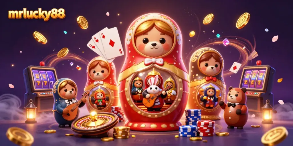 Experience the thrill with mrlucky88's casino charm featuring playful characters and vibrant game elements.