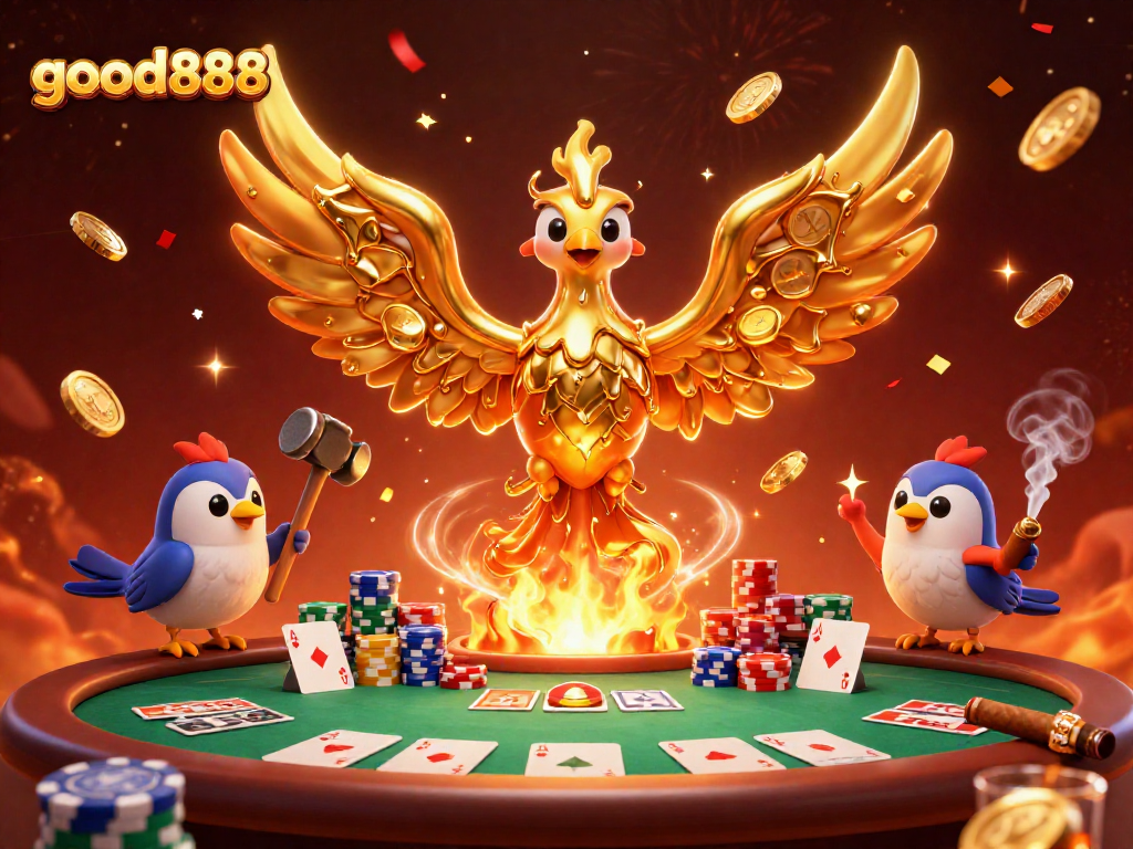 Experience thrilling play with good888 at a vibrant casino scene featuring a golden phoenix and poker elements.