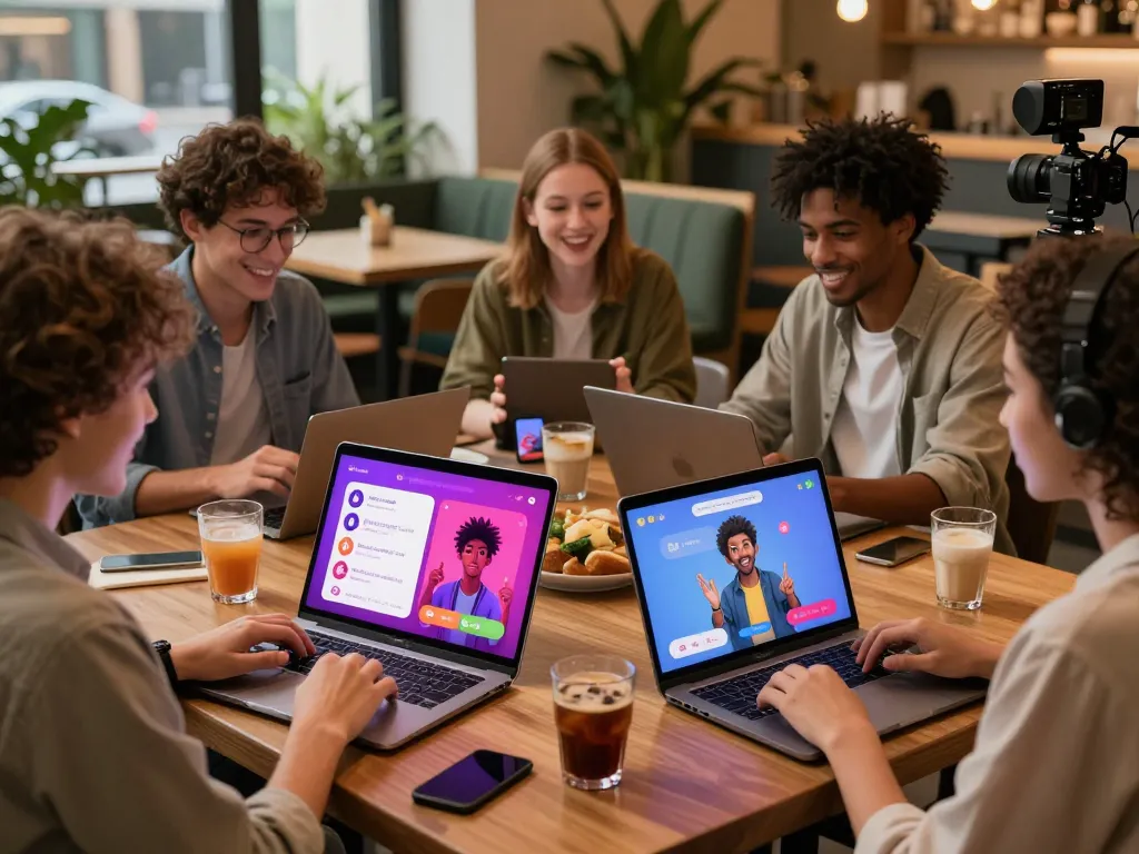 Engaging ai sex chat interaction in a modern café setting showcasing diverse characters and vibrant conversation.