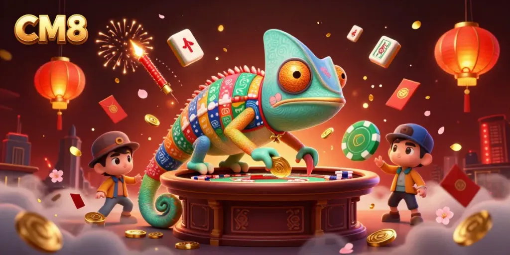 CM8's colorful casino world brought to life with a vibrant chameleon owner amidst dynamic game elements.