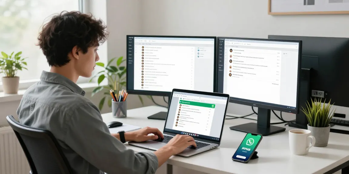 Using WhatsApp電腦版 on a sleek office setup with bright natural light.