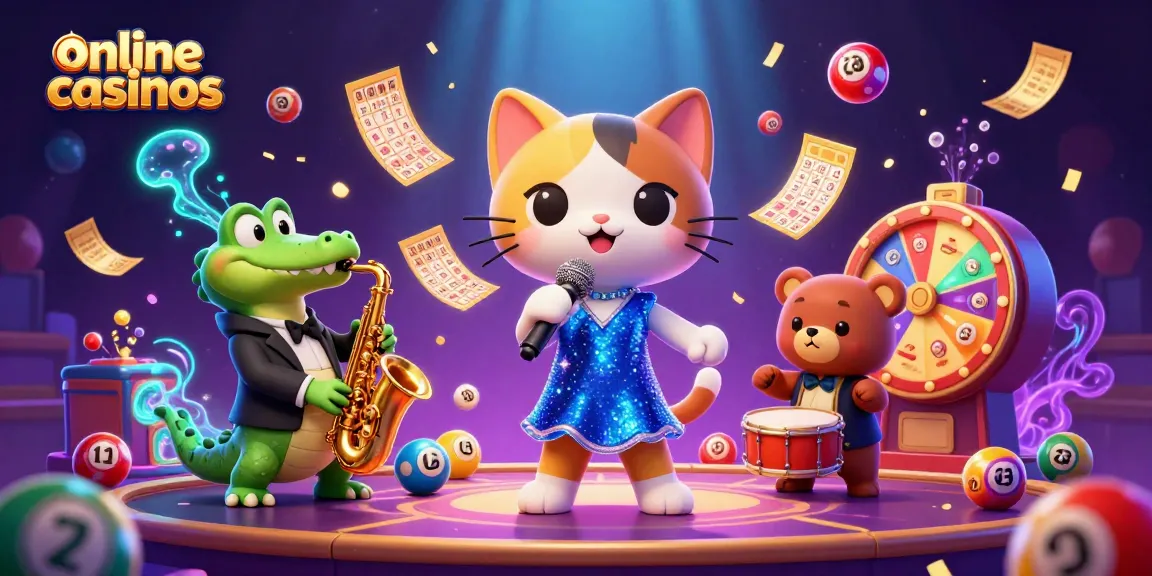 Animated scene of online casinos featuring a jazz-singer cat and fun casino elements.