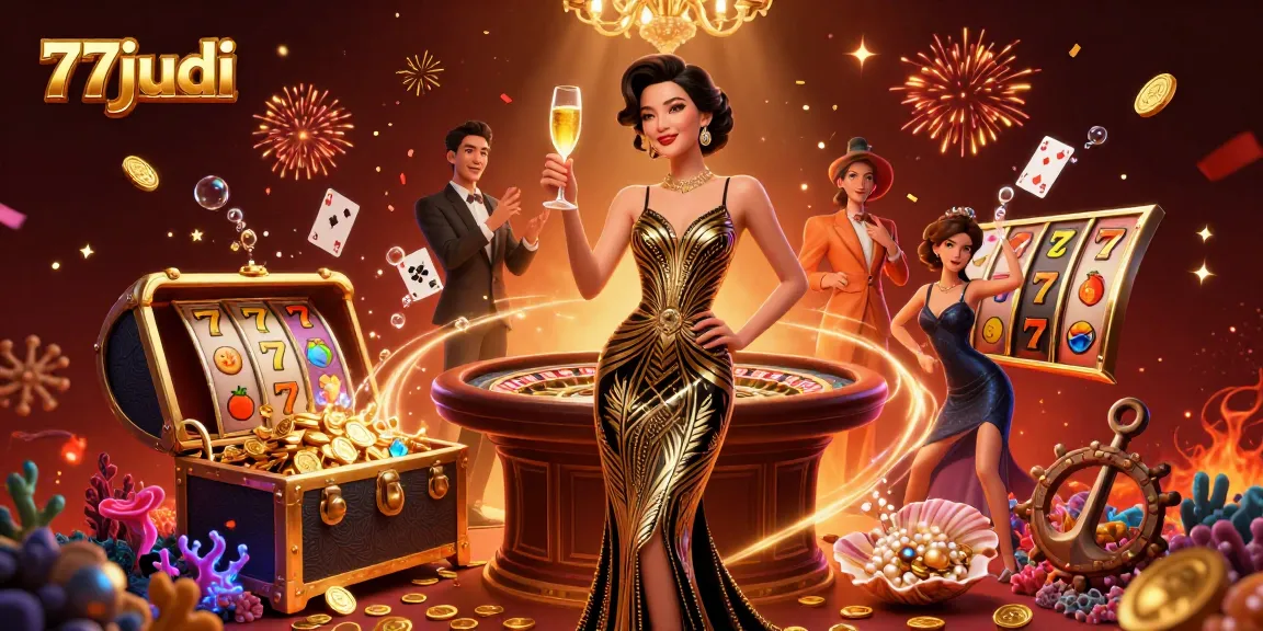 Engage with thrilling gameplay at 77judi, capturing a glamorous casino experience with vibrant slot elements.