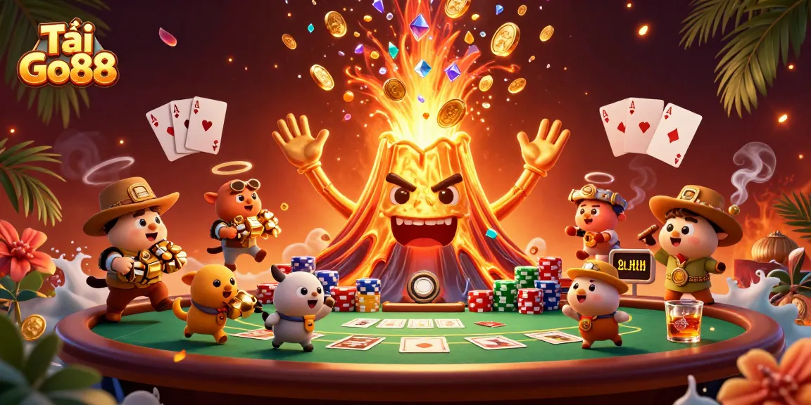 Play and win with Tải Go88, featuring a vibrant 3D cartoon scene filled with poker and treasure.