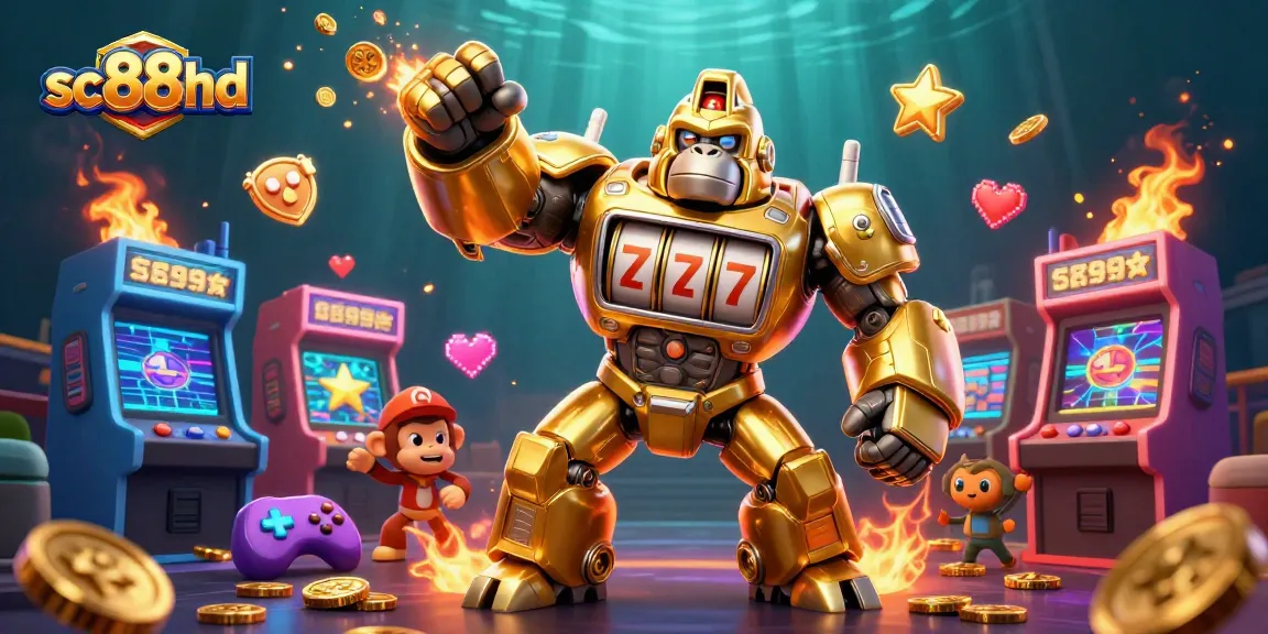 Engage with sc88hd’s lively 3D gaming scene showcasing a golden gorilla mech and arcade elements.