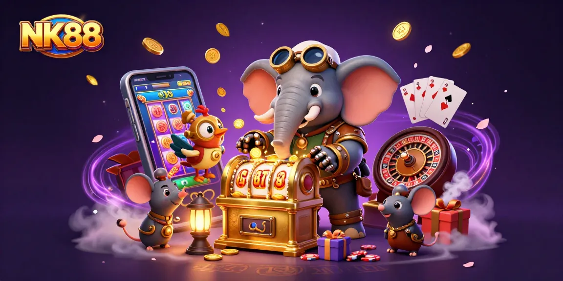 Engage with NK88's thrilling slots and gaming experience in a rich, animated illustration.